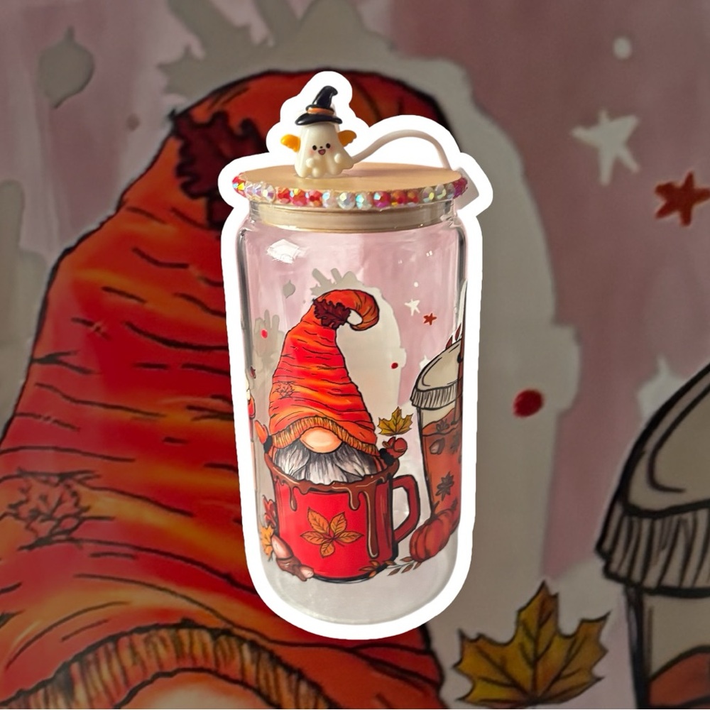 Festive Gnome Glass tumblr with Lid